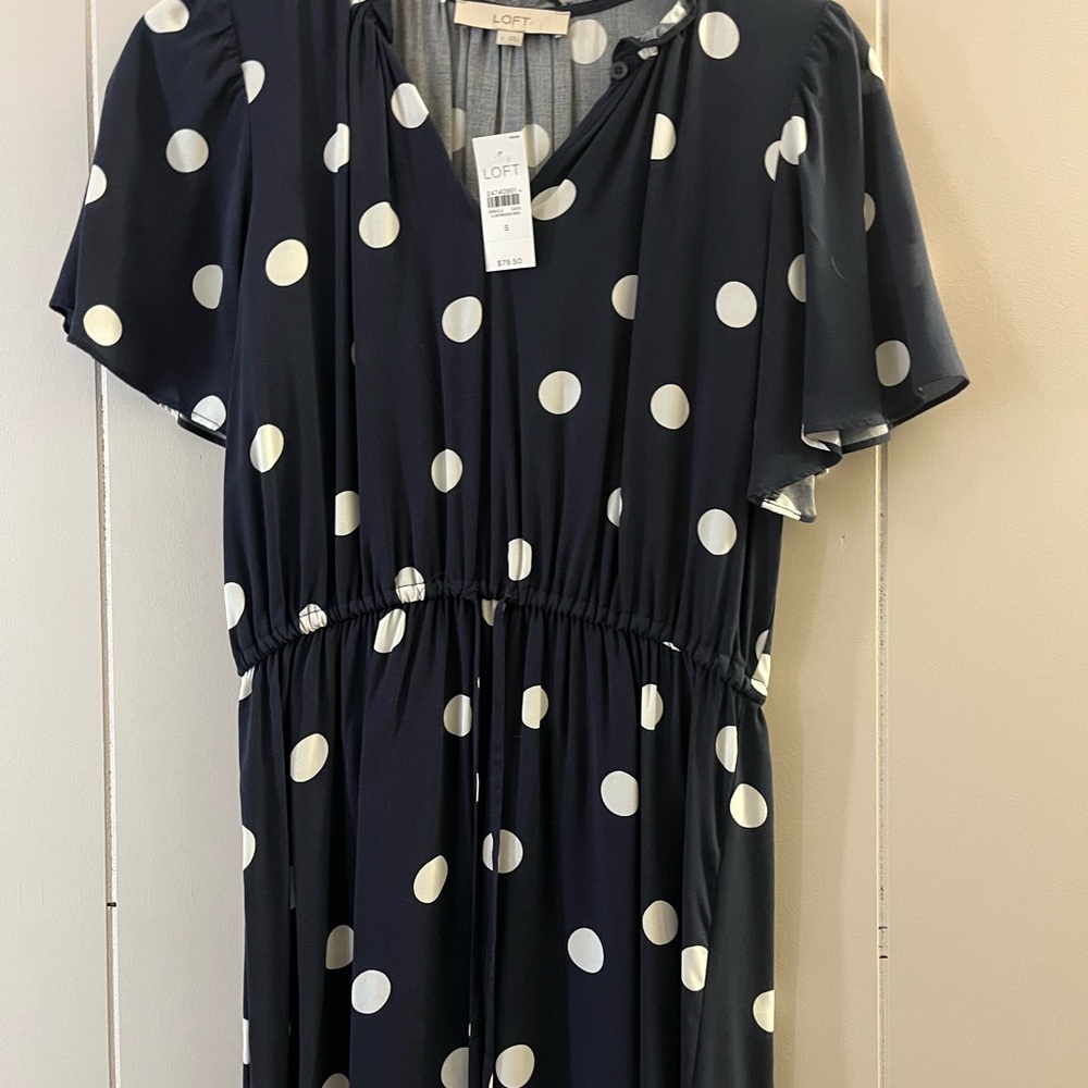 LOFT Dark Blue Dress with White Dots